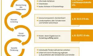 Flussdiagramm zur Leseförderung: Beobachtung, Klassen-Screening, Einzeltestungen und gezielte Förderung. Ein Dyslexie Test kann hier Teil der Einzeltestungen sein.