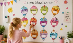 Ein Mädchen schreibt auf einen Geburtstagskalender zum Basteln. Kostenlose Vorlagen für die Grundschule machen das Gestalten einfach.