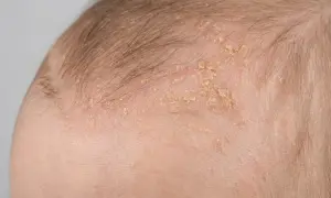 Nahaufnahme der Kopfhaut eines Babys mit trockener Haut und Schuppen.