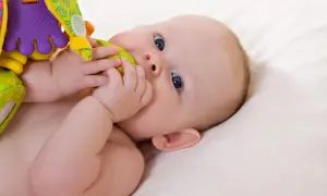 Ein **baby 19 wochen** alt mit blauen Augen liegt auf einer weichen Decke und kaut auf einem bunten Spielzeug.