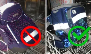 Schulranzen reinigen: Lila Ranzen mit rotem Verbotsschild, blauer Ranzen mit grünem Häkchen. So geht's richtig!