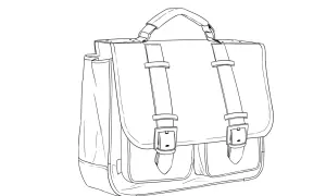 Skizze eines Schulranzens mit zwei Schnallen und einer Henkeltasche. Perfekt zum Schulranzen malen!