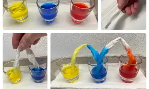 Krippe-Kinder experimentieren mit Farben: Papierstreifen saugen gelbe, blaue und rote Flüssigkeit auf und mischen sich.