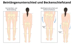 Vergleich von normaler Beckenstellung und Beckenschiefstand bei einem Kind. Ein Beckenschiefstand kann zu einem Beinlängenunterschied führen.