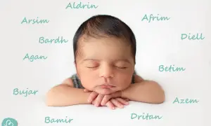 Schlafendes Baby mit albanischen Jungennamen wie Aldrin, Arsim, Bardh, Agan, Bujar, Bamir, Dritan, Afrim, Diell, Betim und Azem.