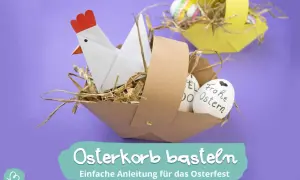 Osterkorb basteln: Ein Origami-Huhn sitzt in einem selbstgemachten Korb mit Stroh und Ostereiern. Einfache Anleitung für das Osterfest.