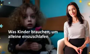 Ein 9-jähriges Kind mit verängstigtem Blick hält Kuscheltiere. Eine Frau lächelt. Sterne schmücken die Szene.