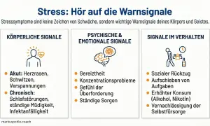 Warnsignale bei Stress: körperliche, psychische & emotionale Anzeichen wie Gereiztheit, Konzentrationsprobleme, Überforderung und Sorgen.