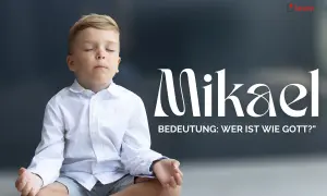 Ein Junge in weißem Hemd meditiert. Der Name Mikael, ein beliebter schwedischer Jungennamen, wird groß dargestellt.