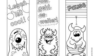 Drei lustige Monster-Lesezeichen zum Ausdrucken für die Grundschule: "Lesen ist cool!", "Hier geht es weiter!" und "Pause".
