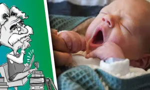 Karikatur eines Gelehrten, der über Namen nachdenkt, die in Deutschland verboten sind, neben einem schlafenden Baby.