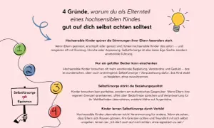 4 Gründe, warum Eltern von hochsensiblen Kindern auf sich achten sollten: Sie spüren Stimmungen, brauchen volle Becher, stärken Beziehungen und lernen durch Vorbild.