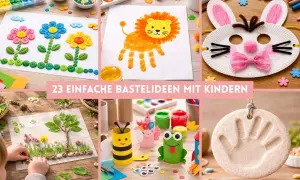 Bunte Bastelideen für Kinder: Knopfbilder, Handabdruck-Löwe, Hasenmaske, Natur-Collage, Bienen-Basteln und mehr.