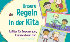 Bilder mit Regeln im Kindergarten: Kinder beim Essen, Spielen und Helfen. Illustriert von Anja Boretzki.