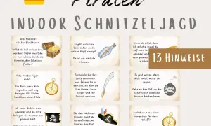 Piraten-Schnitzeljagd mit 13 Hinweisen, die zu einem Schatz führen. Jede Aufgabe ist illustriert, z.B. mit einer Schatzkiste oder einem Kompass.