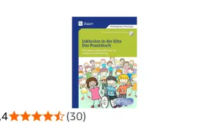 Das Praxisbuch "Inklusion in der Kita" zeigt bunte Kinder, darunter ein Kind im Rollstuhl, die Vielfalt und Gemeinschaft in der Kita feiern.