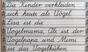 Schreibschrift Grundschule Niedersachsen: Kinder verkleiden sich als Vögel. Lisa ist Vogelmama, Ole Vogelpapa, Mimi Vogelküken.