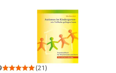 Buchcover: "Autismus im Kindergarten – wie Teilhabe gelingen kann". Bunte Papierfiguren halten Händchen vor einem Haus.