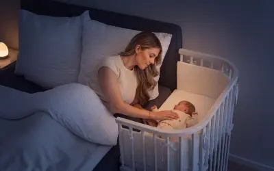 Mutter beruhigt ihr Baby im Beistellbett, um die Schlafregression zu überstehen. Sanftes Licht vom Nachttisch.