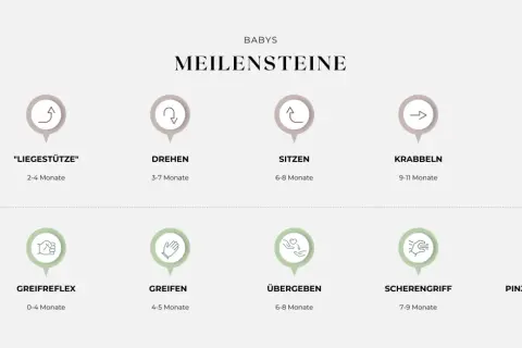 Babys Meilensteine der Entwicklung: Grobmotorik (Liegestütze, Drehen, Sitzen, Krabbeln, Laufen) & Feinmotorik (Greifreflex, Greifen, Übergeben, Scherengriff, Pinzettengriff).