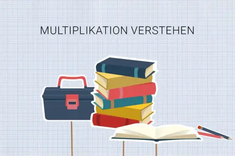 Werkzeugkasten, Bücherstapel und ein offenes Buch mit Stiften. Die **Multiplikation** wird hier bildlich erklärt.