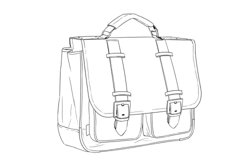 Skizze eines Schulranzens mit zwei Schnallen und einer Henkeltasche. Perfekt zum Schulranzen malen!