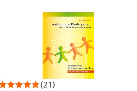 Buchcover: "Autismus im Kindergarten – wie Teilhabe gelingen kann". Bunte Papierfiguren halten Händchen vor einem Haus.
