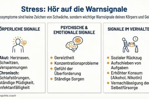 Warnsignale bei Stress: körperliche, psychische & emotionale Anzeichen wie Gereiztheit, Konzentrationsprobleme, Überforderung und Sorgen.