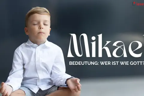 Ein Junge in weißem Hemd meditiert. Der Name Mikael, ein beliebter schwedischer Jungennamen, wird groß dargestellt.