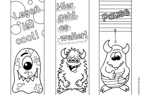 Drei lustige Monster-Lesezeichen zum Ausdrucken für die Grundschule: "Lesen ist cool!", "Hier geht es weiter!" und "Pause".