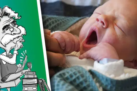 Karikatur eines Gelehrten, der über Namen nachdenkt, die in Deutschland verboten sind, neben einem schlafenden Baby.