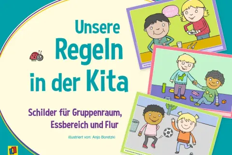 Bilder mit Regeln im Kindergarten: Kinder beim Essen, Spielen und Helfen. Illustriert von Anja Boretzki.