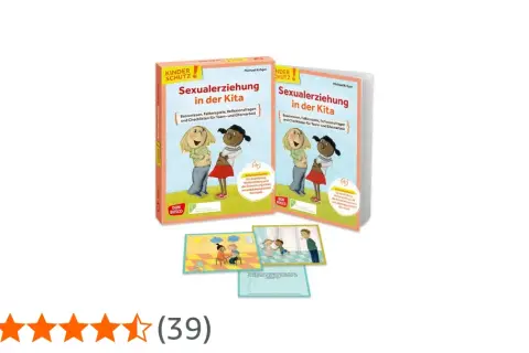 Materialien für Sexualerziehung in der Kita: Bücher und Karten mit kindgerechten Illustrationen und praxisnahen Inhalten.