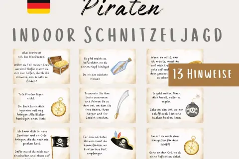 Piraten-Schnitzeljagd mit 13 Hinweisen, die zu einem Schatz führen. Jede Aufgabe ist illustriert, z.B. mit einer Schatzkiste oder einem Kompass.