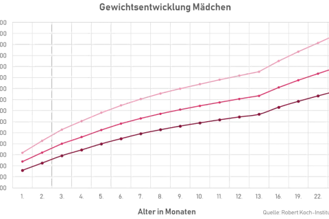 Diagramm zeigt Gewichtsentwicklung Mädchen. Bei 3 Monaten liegt das Gewicht zwischen ca. 3.500g (P97) und 4.500g (P3).