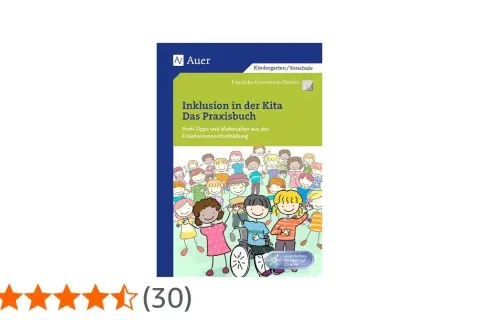Das Praxisbuch "Inklusion in der Kita" zeigt bunte Kinder, darunter ein Kind im Rollstuhl, die Vielfalt und Gemeinschaft in der Kita feiern.