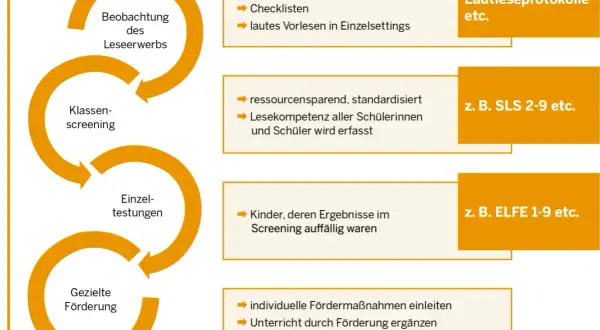 Flussdiagramm zur Leseförderung: Beobachtung, Klassen-Screening, Einzeltestungen und gezielte Förderung. Ein Dyslexie Test kann hier Teil der Einzeltestungen sein.