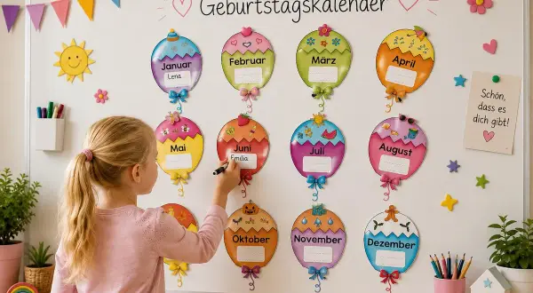 Ein Mädchen schreibt auf einen Geburtstagskalender zum Basteln. Kostenlose Vorlagen für die Grundschule machen das Gestalten einfach.