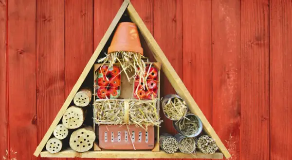 Ein selbstgebautes Insektenhotel für Kinder, gefüllt mit Holzstämmen, Stroh und Ziegeln, bietet Unterschlupf für nützliche Insekten.