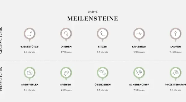 Babys Meilensteine der Entwicklung: Grobmotorik (Liegestütze, Drehen, Sitzen, Krabbeln, Laufen) & Feinmotorik (Greifreflex, Greifen, Übergeben, Scherengriff, Pinzettengriff).