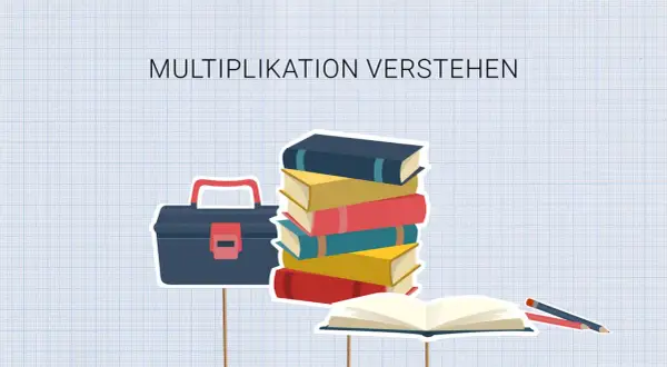 Werkzeugkasten, Bücherstapel und ein offenes Buch mit Stiften. Die **Multiplikation** wird hier bildlich erklärt.