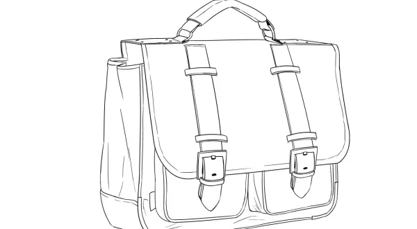 Skizze eines Schulranzens mit zwei Schnallen und einer Henkeltasche. Perfekt zum Schulranzen malen!