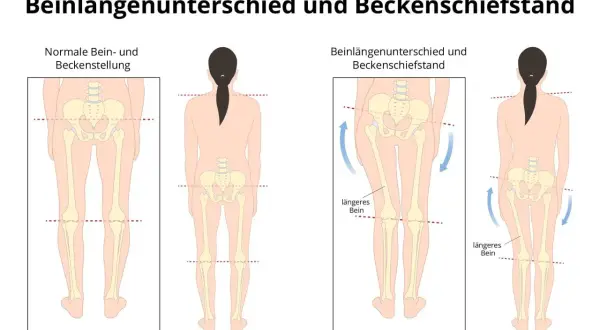 Vergleich von normaler Beckenstellung und Beckenschiefstand bei einem Kind. Ein Beckenschiefstand kann zu einem Beinlängenunterschied führen.
