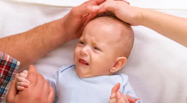 Ein weinendes Baby, 7 Wochen alt, wird von Elternhänden gehalten und getröstet.