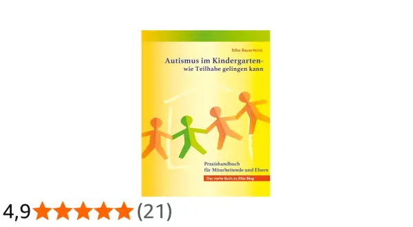 Buchcover: "Autismus im Kindergarten – wie Teilhabe gelingen kann". Bunte Papierfiguren halten Händchen vor einem Haus.