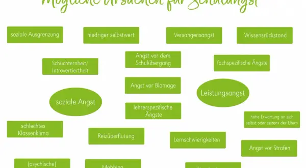 Ursachen für Schulangst: soziale Ausgrenzung, geringer Selbstwert, Versagensangst, Wissensrückstand. Therapieansätze für Schulangst umfassen die Behandlung dieser Faktoren.