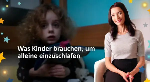 Ein 9-jähriges Kind mit verängstigtem Blick hält Kuscheltiere. Eine Frau lächelt. Sterne schmücken die Szene.