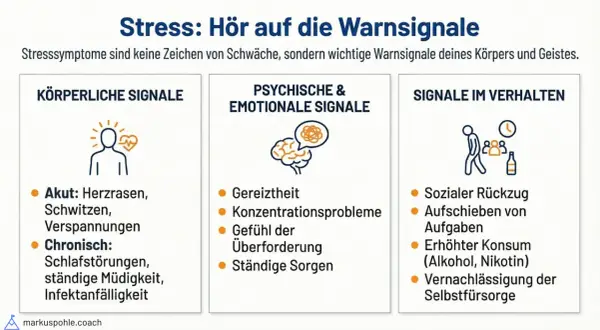 Warnsignale bei Stress: körperliche, psychische & emotionale Anzeichen wie Gereiztheit, Konzentrationsprobleme, Überforderung und Sorgen.