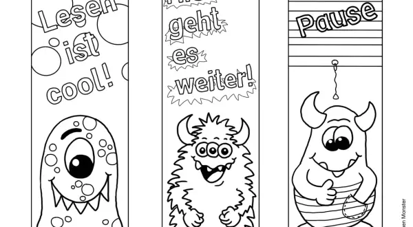 Drei lustige Monster-Lesezeichen zum Ausdrucken für die Grundschule: "Lesen ist cool!", "Hier geht es weiter!" und "Pause".