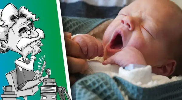Karikatur eines Gelehrten, der über Namen nachdenkt, die in Deutschland verboten sind, neben einem schlafenden Baby.